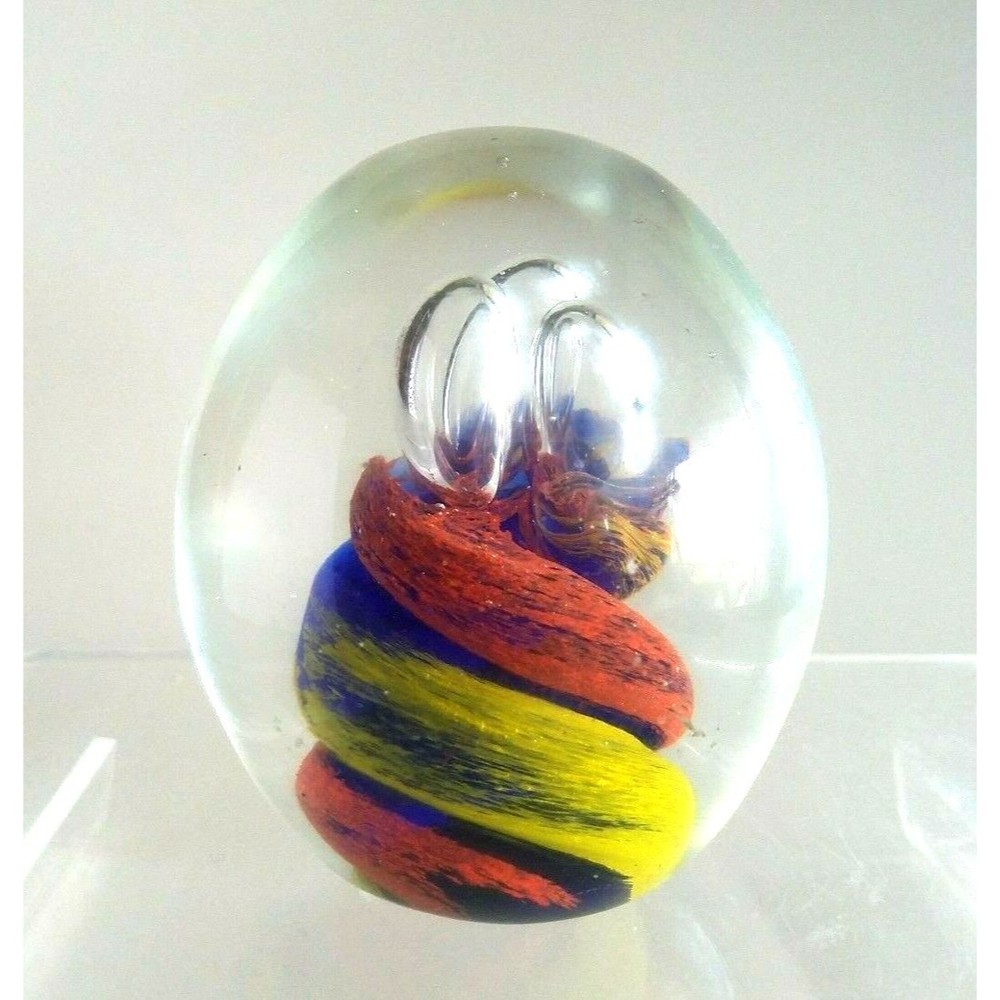 Vtg Murano Art Glass Controlled Bubbles Paperweight Neon Orange Yellow Blue